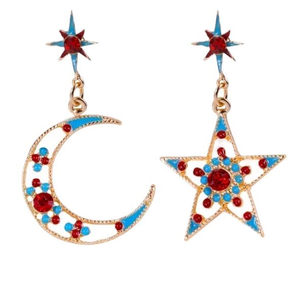 Bijoux Star Crescent Moon Mismatched Gold Tone Multicolor Dangle Earrings NWT - Picture 10 of 14